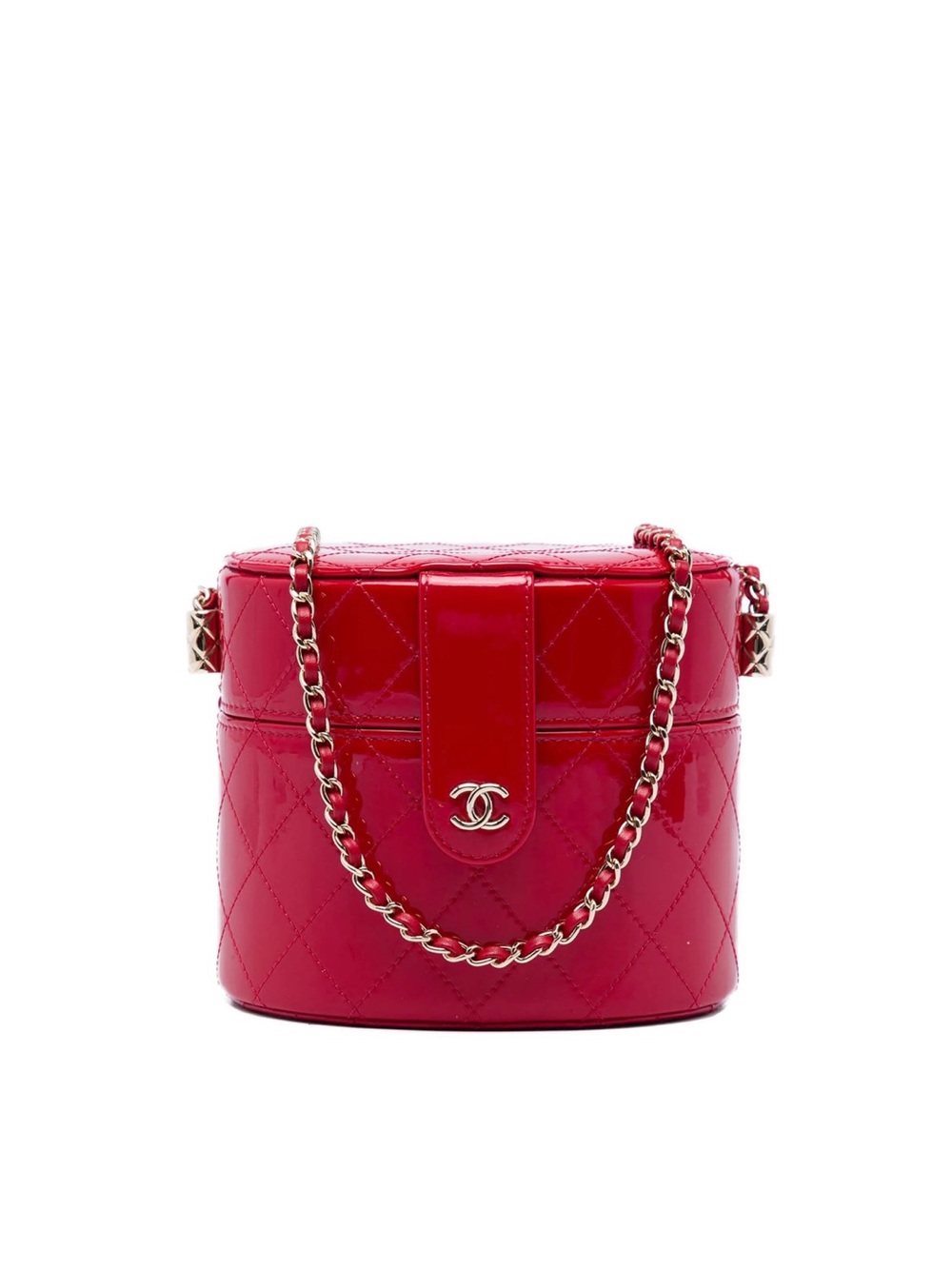 Chanel 2020 CC Quilted Patent Round Vanity Case Gold Chain Red Crossbody Bag